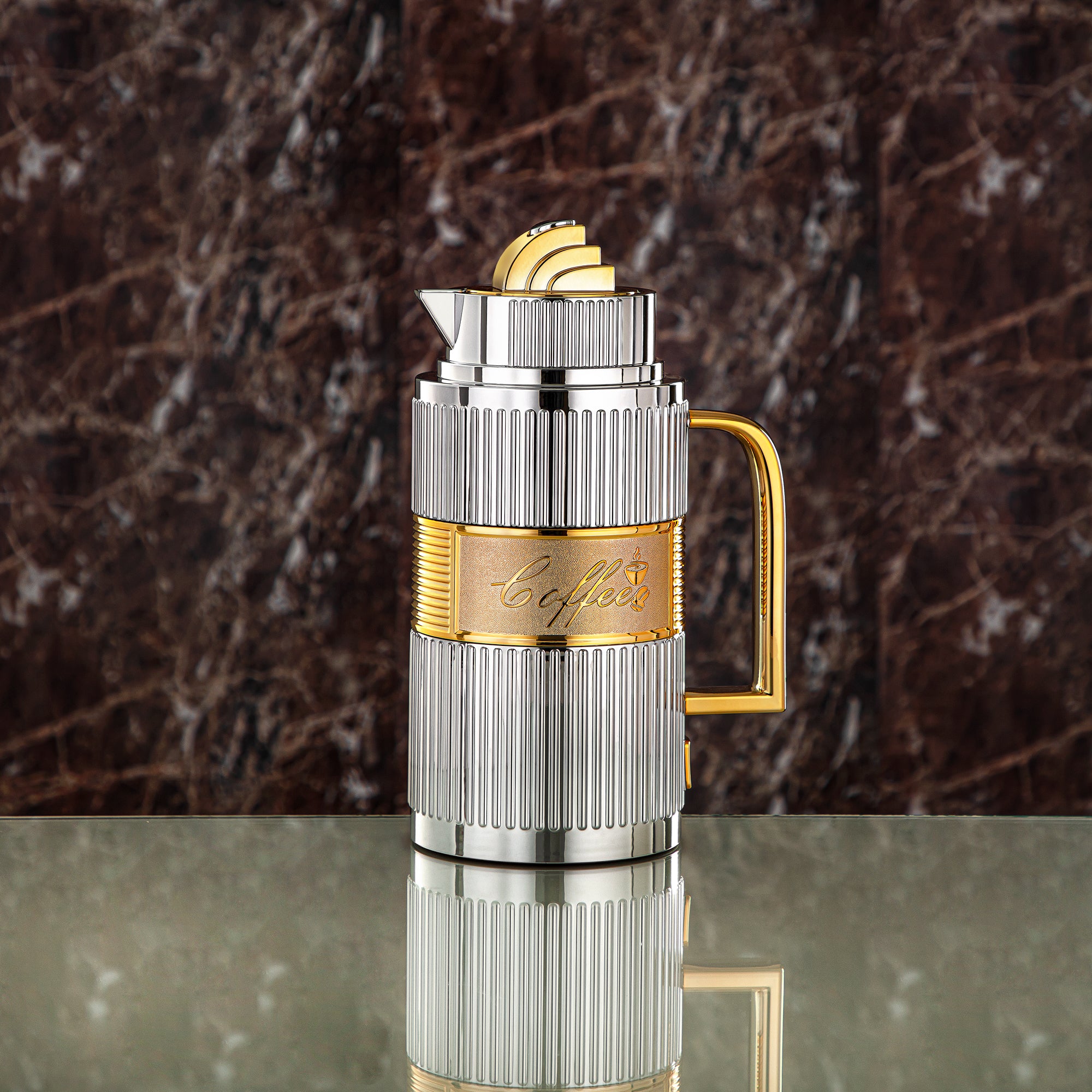 Almarjan Vacuum Flask Set, ABS, Push Button - 1L + 1L, Silver & Gold (OUD-SG) - Tea & Coffee