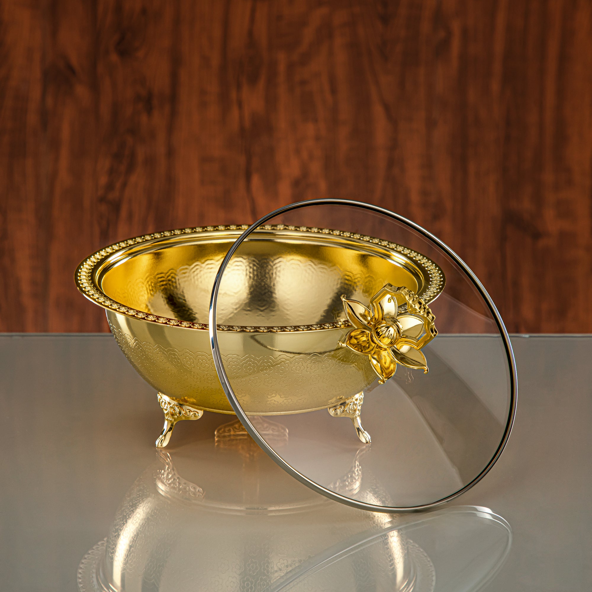 Almarjan Brushed Gold Date Bowl with Glass Cover – 23 CM