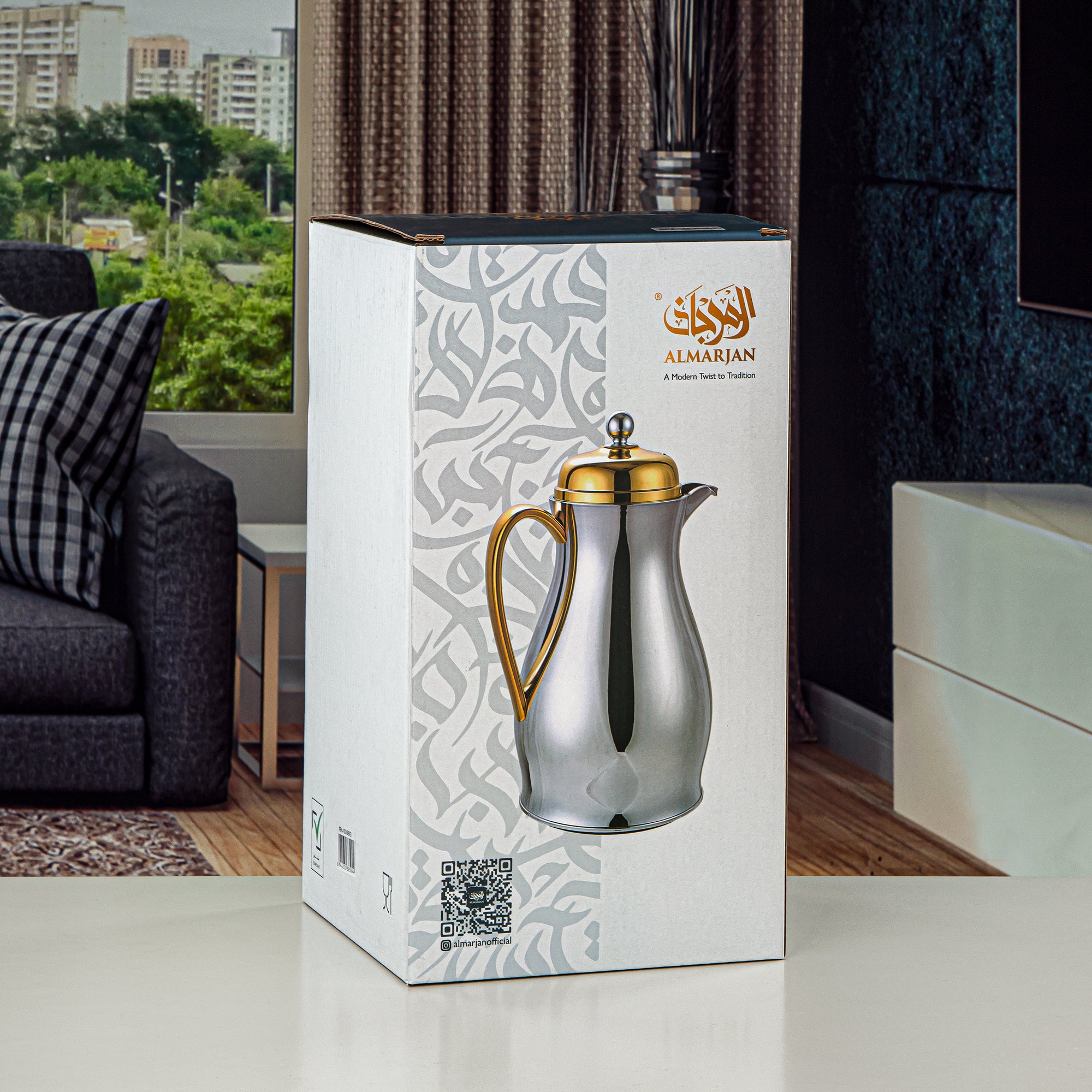 Almarjan Vacuum Flask Metal Body with Glass Refill 1L Matt Silver & Gold (RPA-100-MSG) – Everyday Elegance Collection