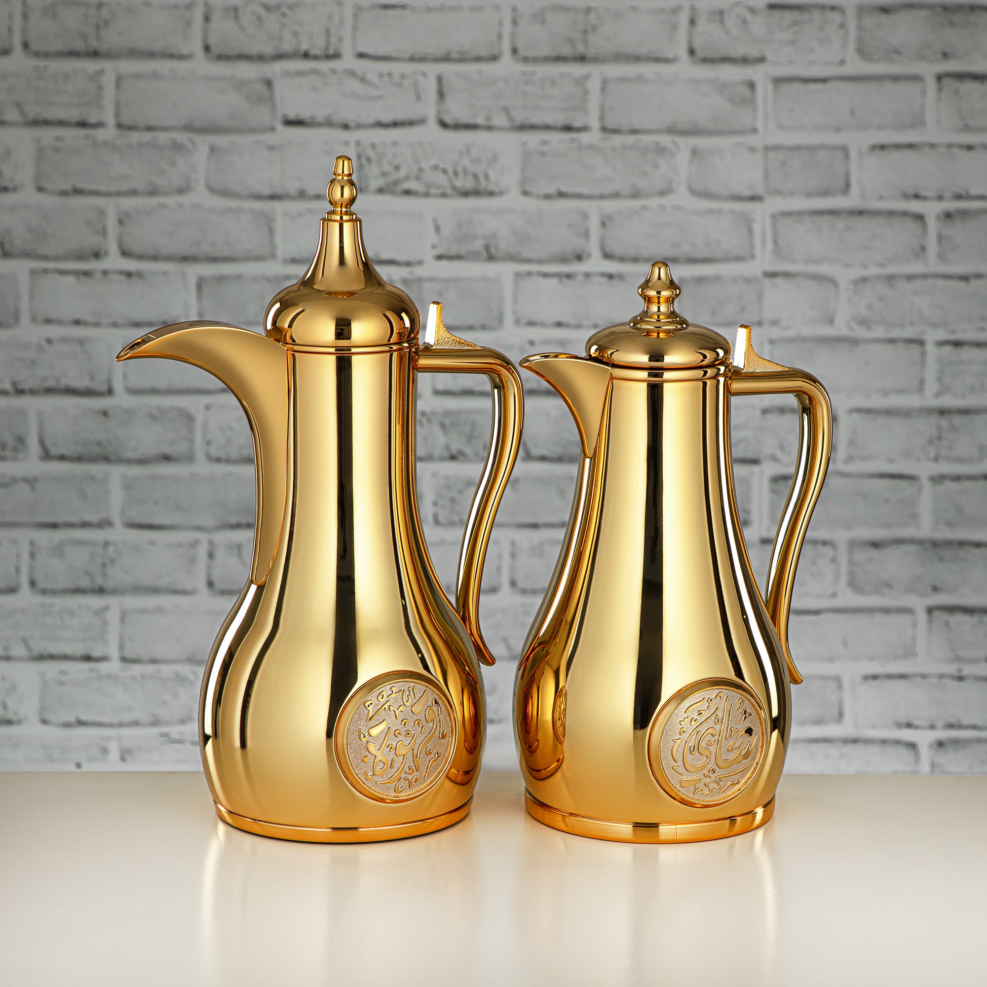 Almarjan Vacuum Flask Set, Push Button - 1L + 1L, Gold (SR-G) - Classic and Elegant