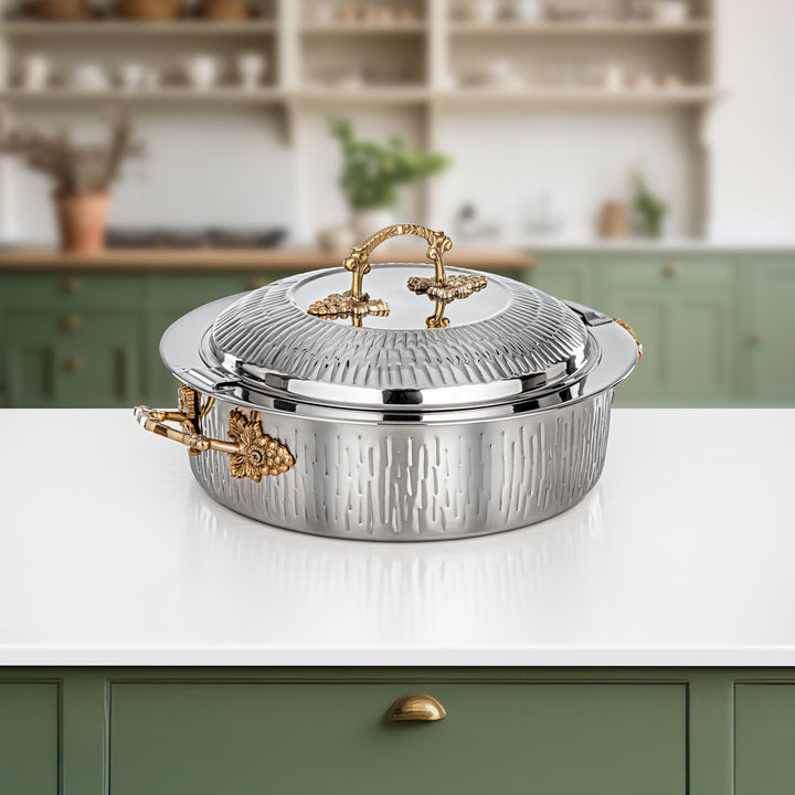 Almarjan Hot Pot Stainless Steel, Silver & Gold, Brass Handle 30CM (H25MG00) - Areej Collection, Ramadan & Eid