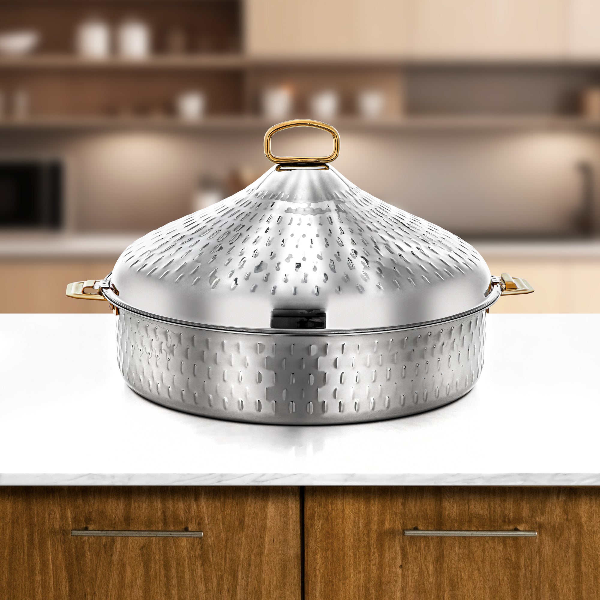 Almarjan Hot Pot Stainless Steel, 40CM (8500ML), Silver & Gold (H25M7G) - Abeer Collection