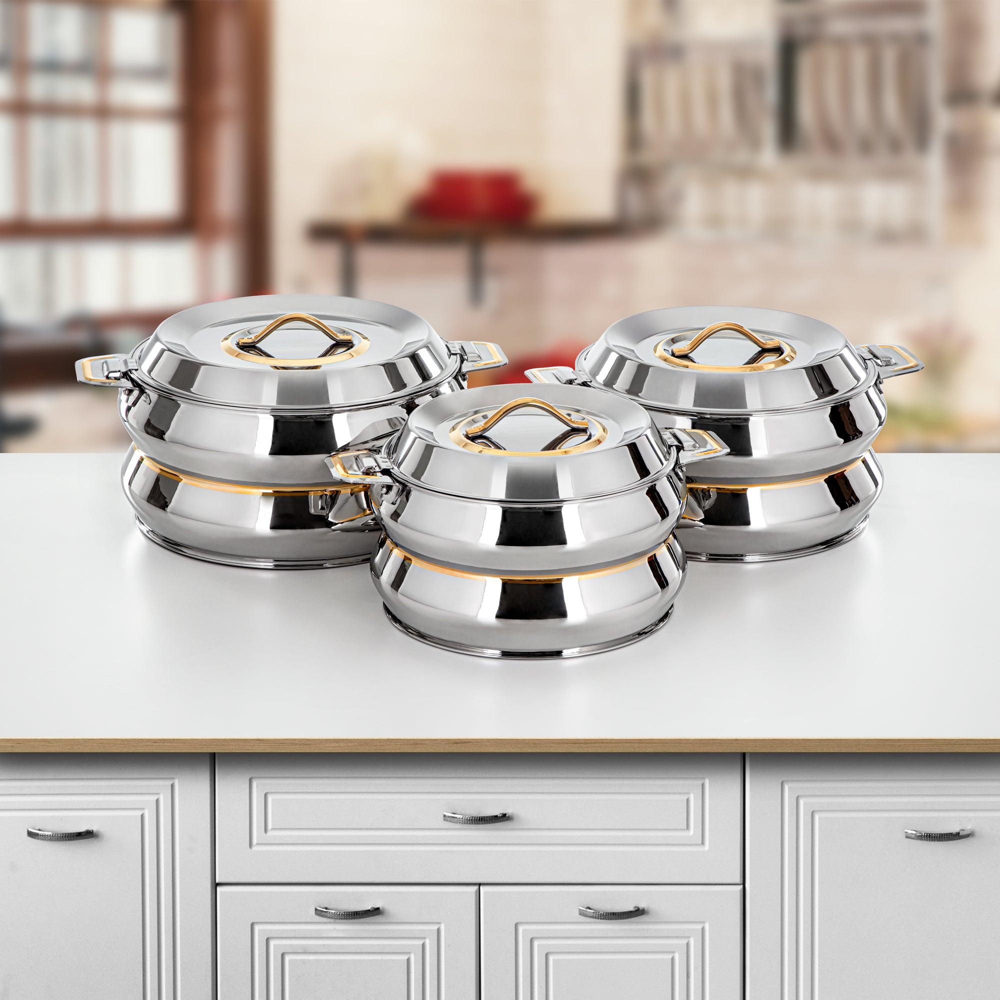 Almarjan Hot Pot Set 3-Pieces Stainless Steel, Silver & Gold, (H25PG2) - Ghada Collection, Ramadan & Eid