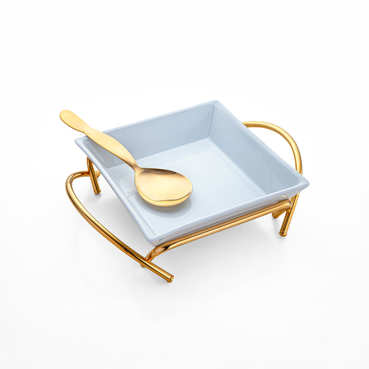 Almarjan Gold-Plated Square Serving Tray with Porcelain Bowl - 30CM, Made in Italy