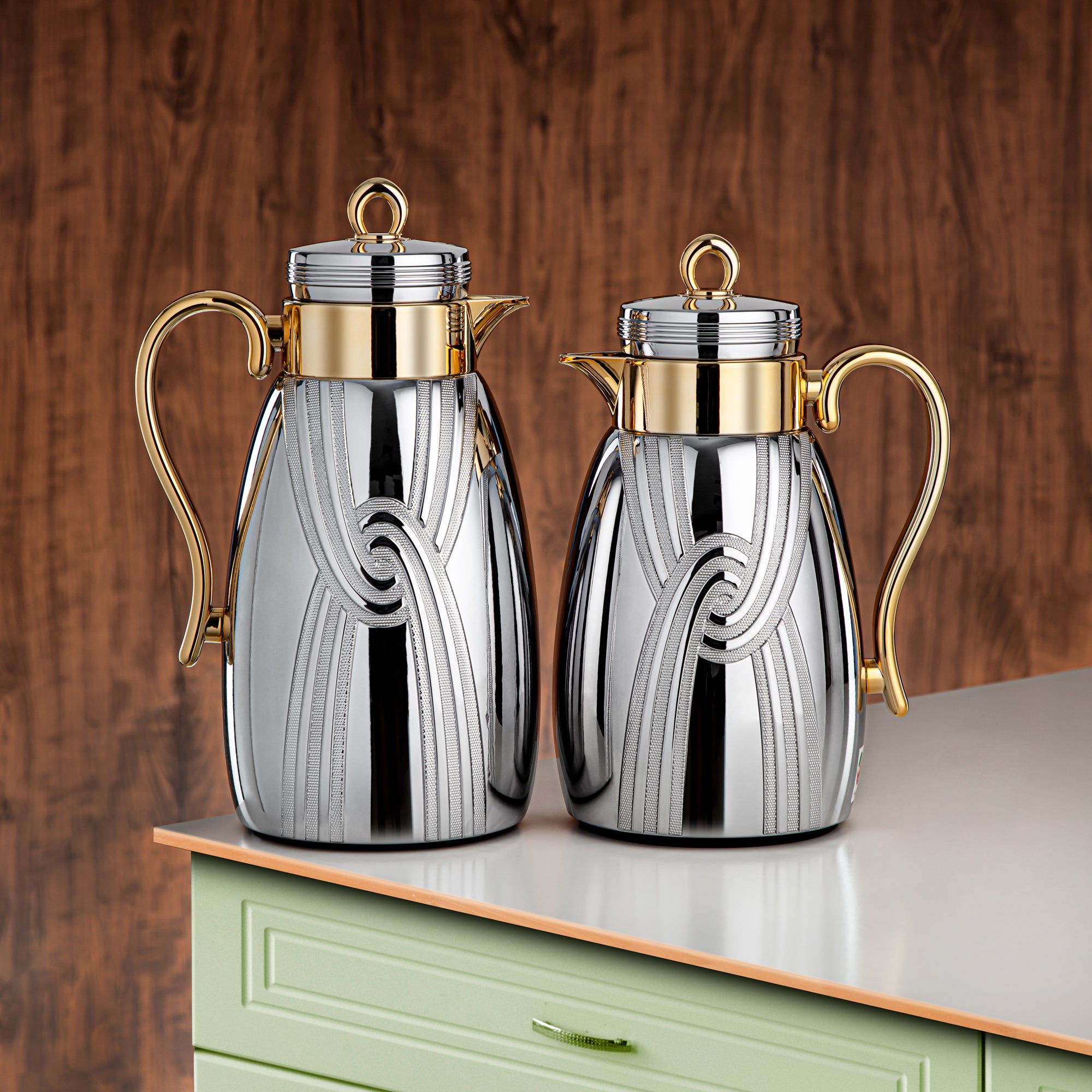 Almarjan ABS Vacuum Flask Set - 2 Pieces (0.7L Coffee & 1L Tea) Silver & Gold | Tea & Coffee Essentials