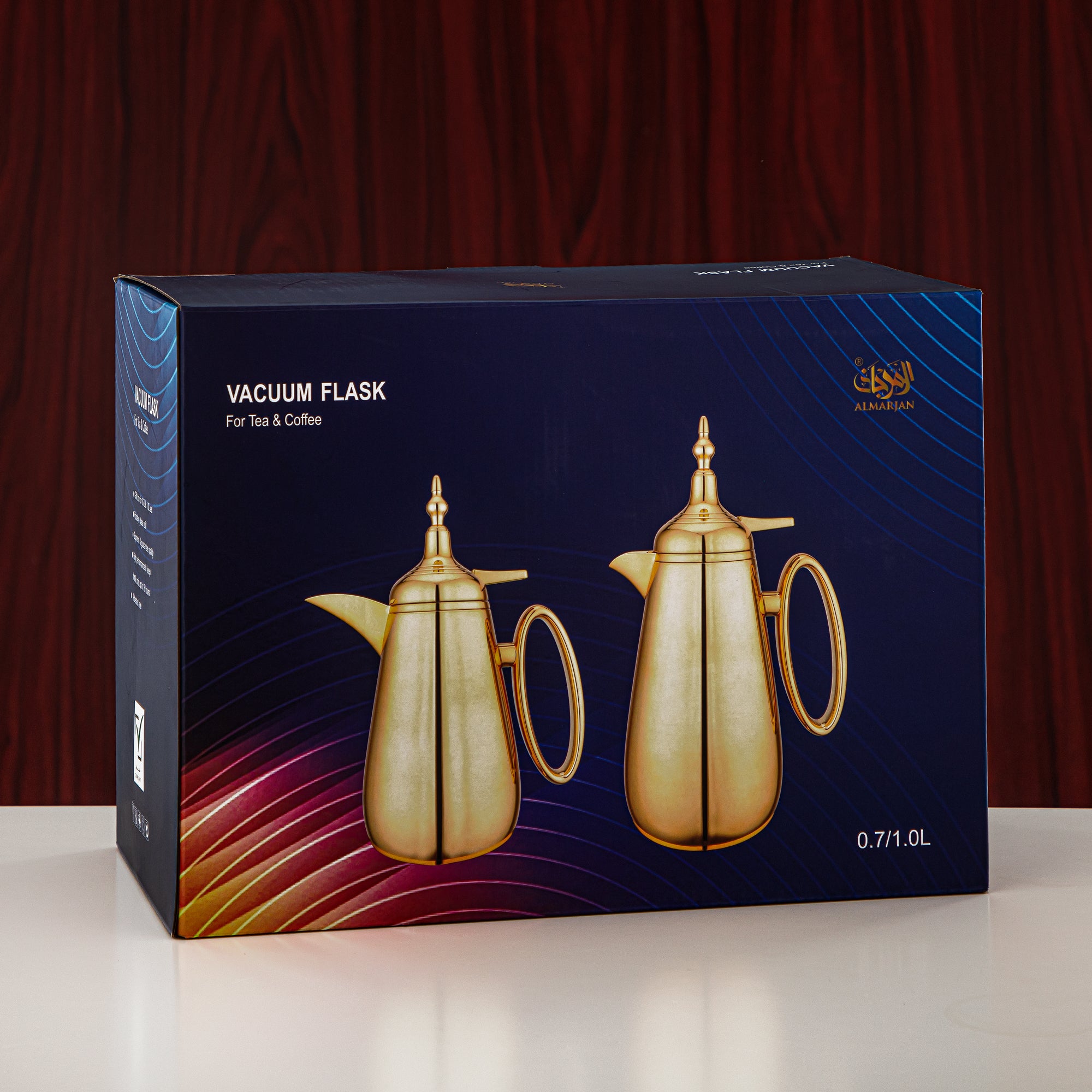 Almarjan Vacuum Flask Set Push Button ABS Matt Beige & Matt Gold 0.7L + 1L (UOP-A0700/B1000Q305YE22) - Classic Vacuum Flask